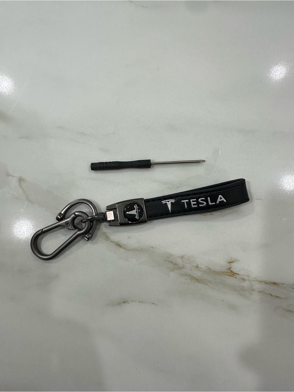 Tesla Black and Silver Leather Keyring Strap with Metal Clip